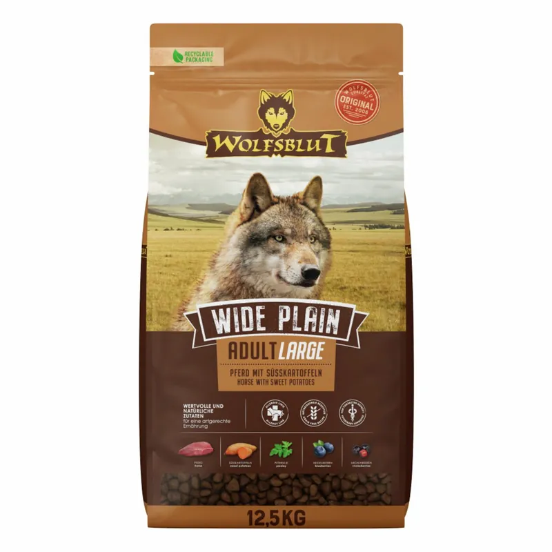 Nur Heute WOLFSBLUT Wide Plain Large Breed Pferdefleisch mit Süßkartoffeln 12,5kg Hundetrockenfutter